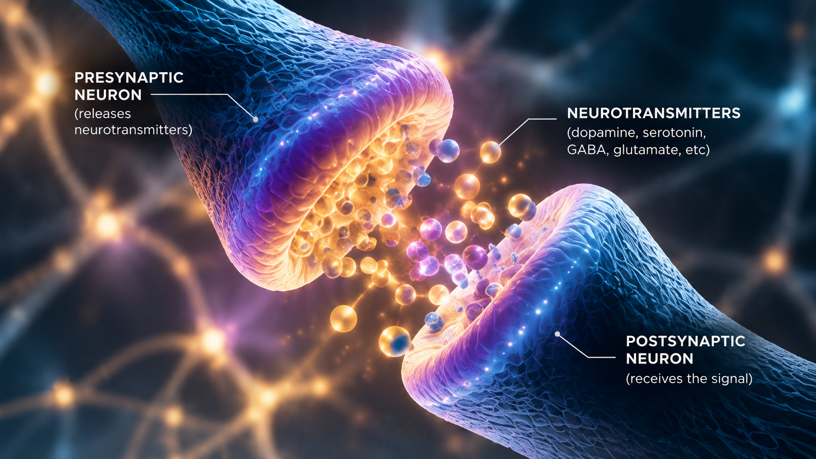 Scientific illustration showing neurotransmitters crossing a synapse between neurons
